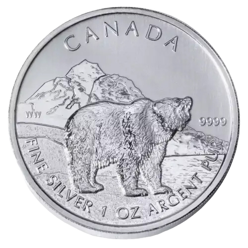 La pièce d'argent Grizzly Bear 1 oz de la série Wildlife de la Monnaie royale canadienne représente un grizzly tourné vers la droite, la gueule ouverte, montrant ses dents.